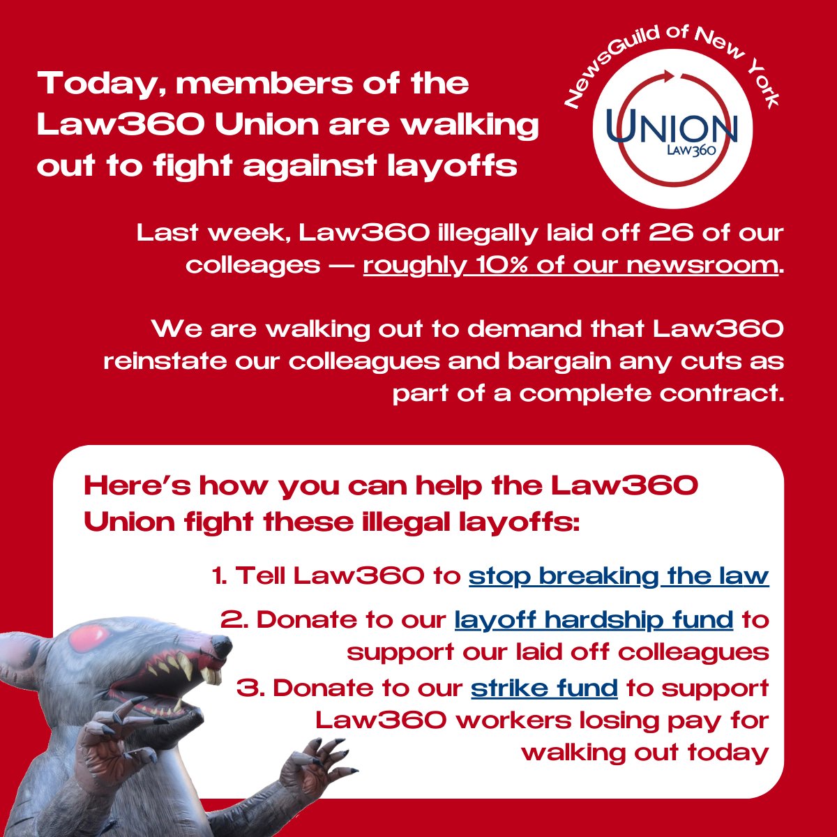 Today we in @Law360Union have walked off the job to protest @Law360’s illegal layoffs terminating 26 of our coworkers. We call on our employer to bargain in good faith and reinstate our colleagues after a year of high revenue and profit growth. #Layoffs360