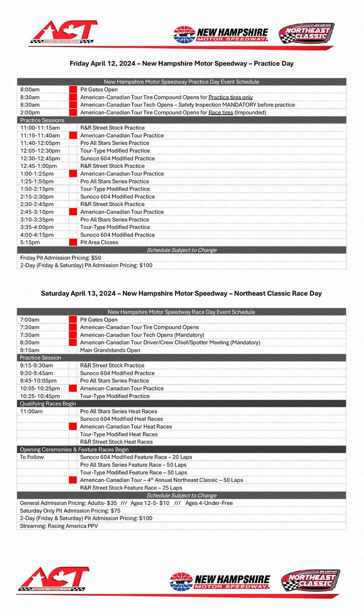 The 2024 Northeast Classic @NHMS event schedule is here! - Friday April 12, 2024 // Practice Day - Saturday April 13, 2024 // Race Day Teams can register here: jotform.com/app/2303857186… Event schedule PDFs can be found here: acttour.com/actusschedule