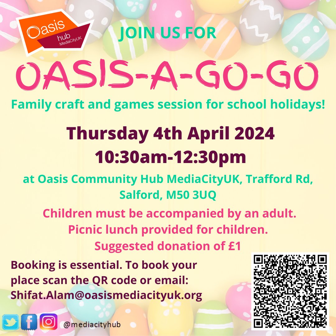Oasis-a-go-go is back this #EasterHoliday! Join us for FREE family crafts and games session on Thurs 4th April, from 10:30 am to 12:30pm! To book your place, please scan the QR code, OR click ticketsource.co.uk/oasis-communit… #Ordsall #SalfordCommunity