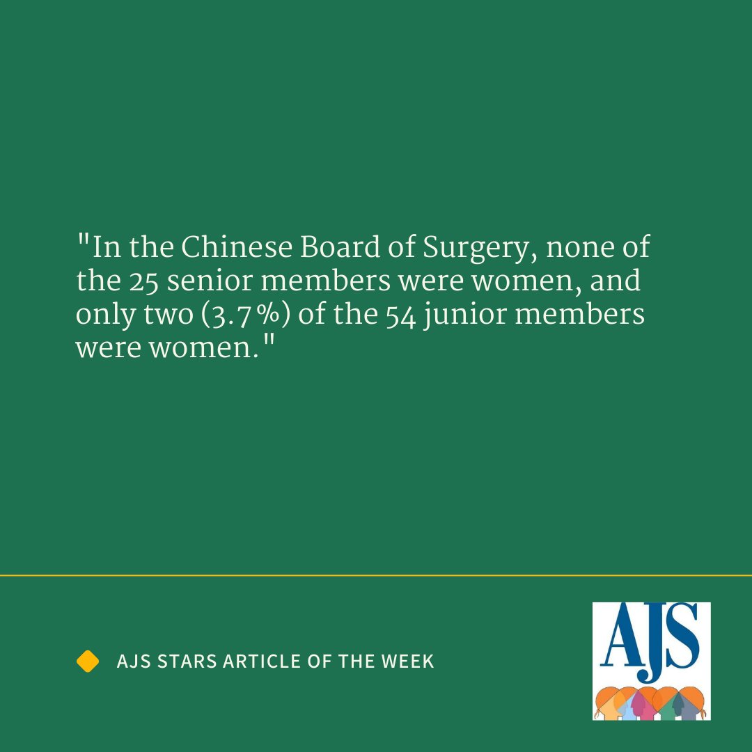 🌟 #ArticleOfTheWeek 🌟 'The underrepresentation of women in academic surgery in China' by Drs. @zhixing_song, @sanjana618, Xiangyi Shen, @WRongzhi, @jess_mcmullin, @DChu80, @herbchen 🙌 @UABSurgery 

👀 doi.org/10.1016/j.amjs…
📚 @AmJSurgery