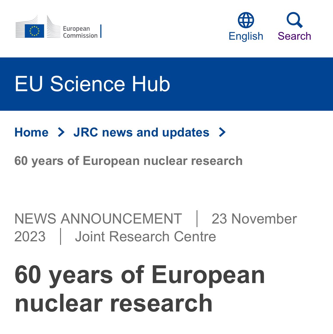 .@StephenQuest Dir is du JRC rappelle que la recherche nucléaire européenne conjointe a commencé avec le traité Euratom en 1957, lequel comprenait la création d'un 'Centre commun de recherche nucléaire'. 2/n @EU_Commission