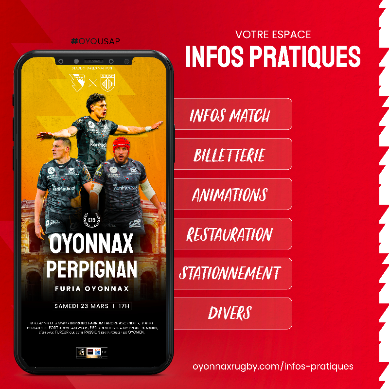 OyonnaxRugby's tweet photo. ℹ️ 𝗜𝗡𝗙𝗢𝗦 𝗣𝗥𝗔𝗧𝗜𝗤𝗨𝗘𝗦 I Les 𝗢𝘆𝗼𝗺𝗲𝗻 connaissent l'enjeu d'#OYOUSAP, et vont tout donner pour enflammer un 𝘀𝘁𝗮𝗱𝗲 𝗖𝗵𝗮𝗿𝗹𝗲𝘀-𝗠𝗮𝘁𝗵𝗼𝗻 que l'on sait déjà prêt !

🏟️ Ouverture des portes à 15h30
🔥 Accueil des joueurs à 15h15
🚩 Des drapeaux distribués