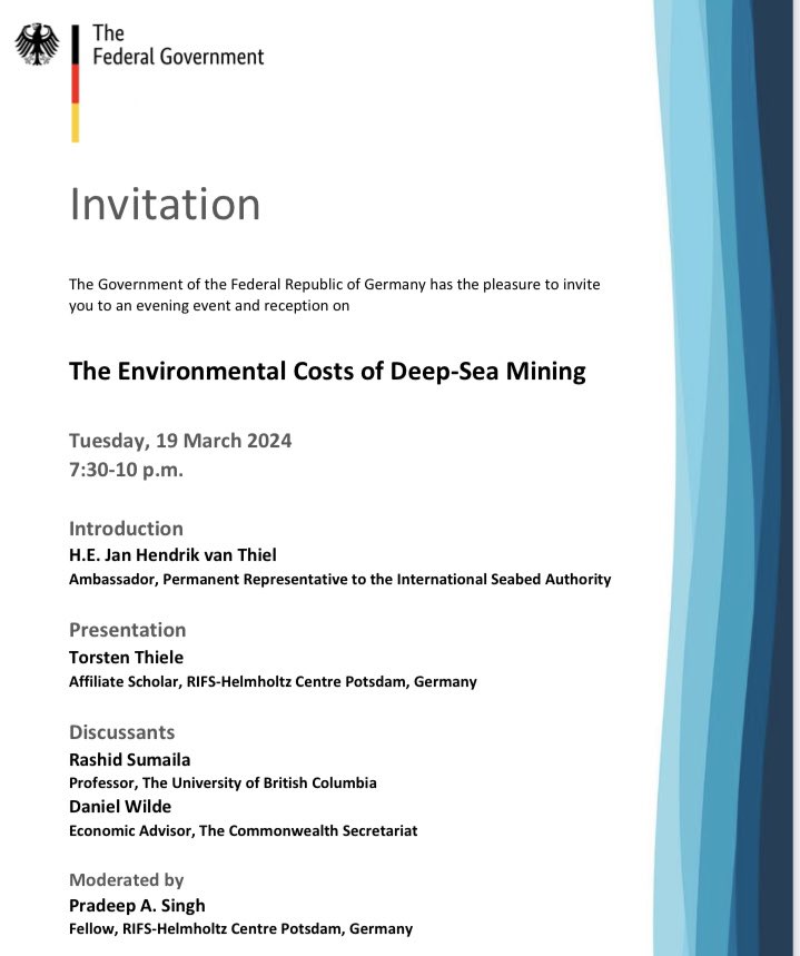 More protection for our oceans needed 🌊 The environmental costs of possible #DeepSeaMining should also be included into the future ISA payment regime. This was concluded by an economic expert study presented at a 🇩🇪 government side event at the current #ISA29 meeting, Kingston.