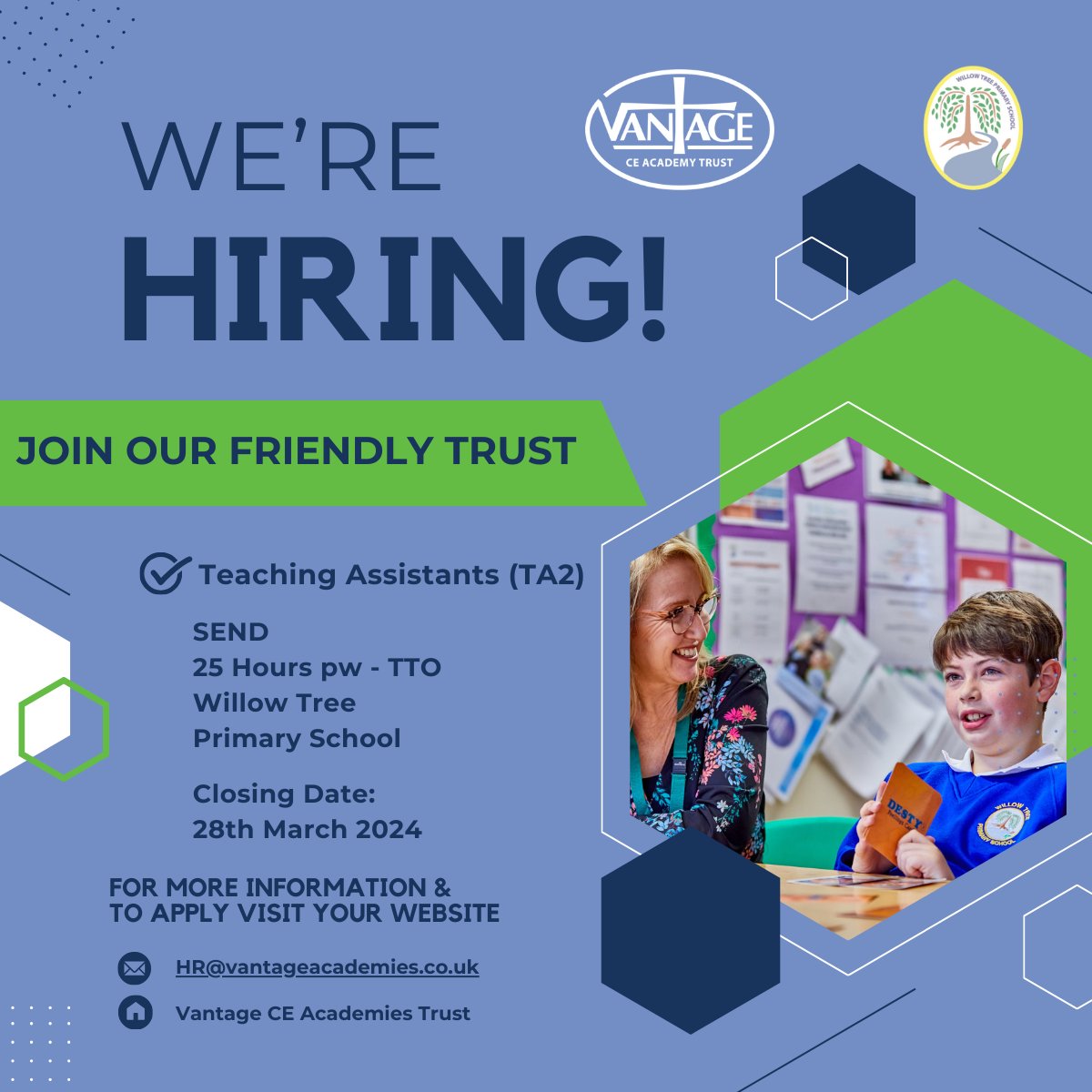 Current TA2 (With SEN Allowance) at Willow Tree Primary School 25 hours per week TTO Actual Salary: £14,655.00 Closing date 28/03/2024 vantageacademiestrust.face-ed.co.uk/vacancies