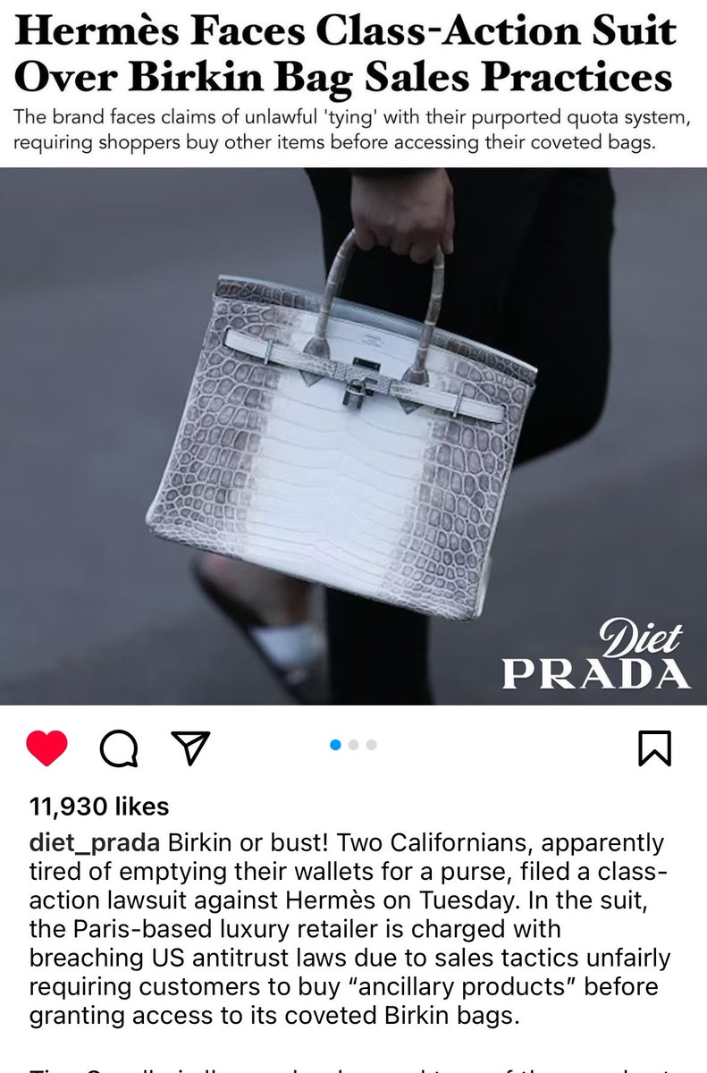 ที่อเมริกาแอร์เมสโดนฟ้องด้วยวิธีการขาย Birkin ที่ต้องให้ลูกค้าซื้อของในร้านเยอะๆถึงจะมีสิทธิ์ซื้อ คนฟ้องคือลูกค้าที่ซื้อของหมดไปหมื่นกว่าดอลลาร์ แต่สุดท้ายSA กลับมาบอกว่าให้ลูกค้าประจำเท่านั้น 
คือใครที่ตามแบรนด์เนมก็จะรู้กันว่ามันทำแบบนี้มานานแล้ว คนที่ฟ้องนี่คงหมดความอดทน