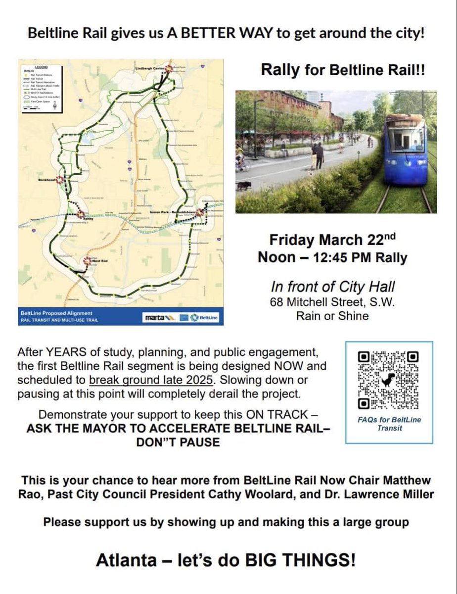 We understand some residents resist bringing Marta through certain areas due to perceived concerns. However, we strongly believe that accessible public transportation benefits the entire city. Join us this Friday at City Hall.
#atlpol #beltline #atlantatransit #beltlinerail