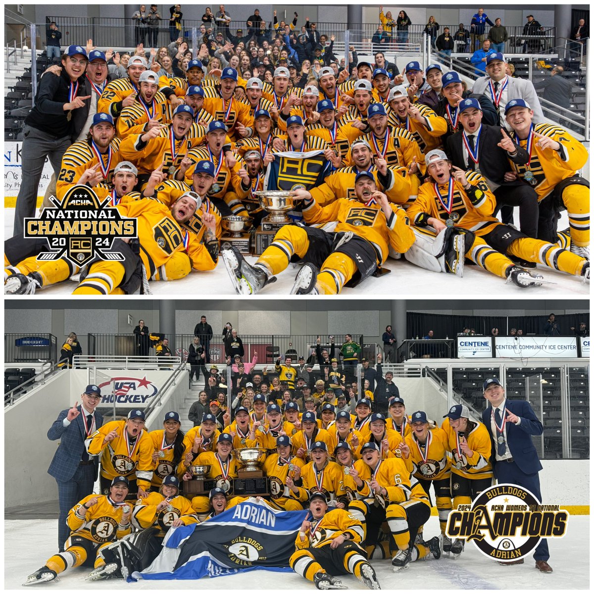 ICYMI!! @AdrianWD1Hockey clinched its 1st National title in program history this past Sunday, just 5 days after @AdrianMD1Hockey clinched its 3rd National title! First time since '10 where the same school has clinched the ACHA title at both levels! #BulldogProud #ACHA #GDTBAB