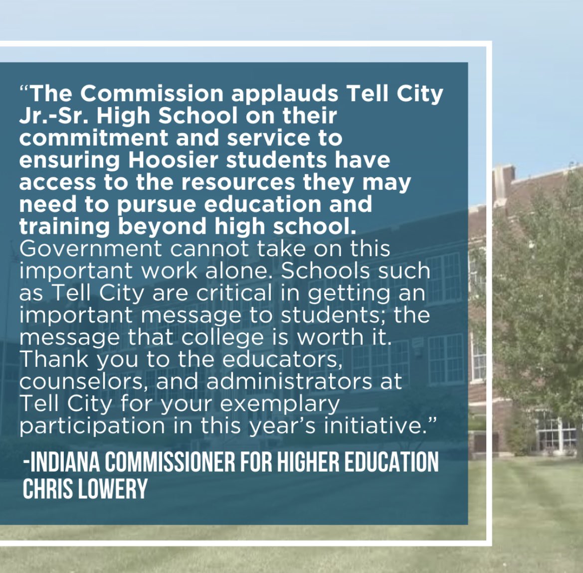 Congratulations to Tell City Jr.-Sr. High School on being named IN’s 2023 School of Excellence by @ACTEquity @American_CAC. The award recognizes schools for their participation in @learnmorein's Indiana College GO! campaign. HOPE grows in IN!