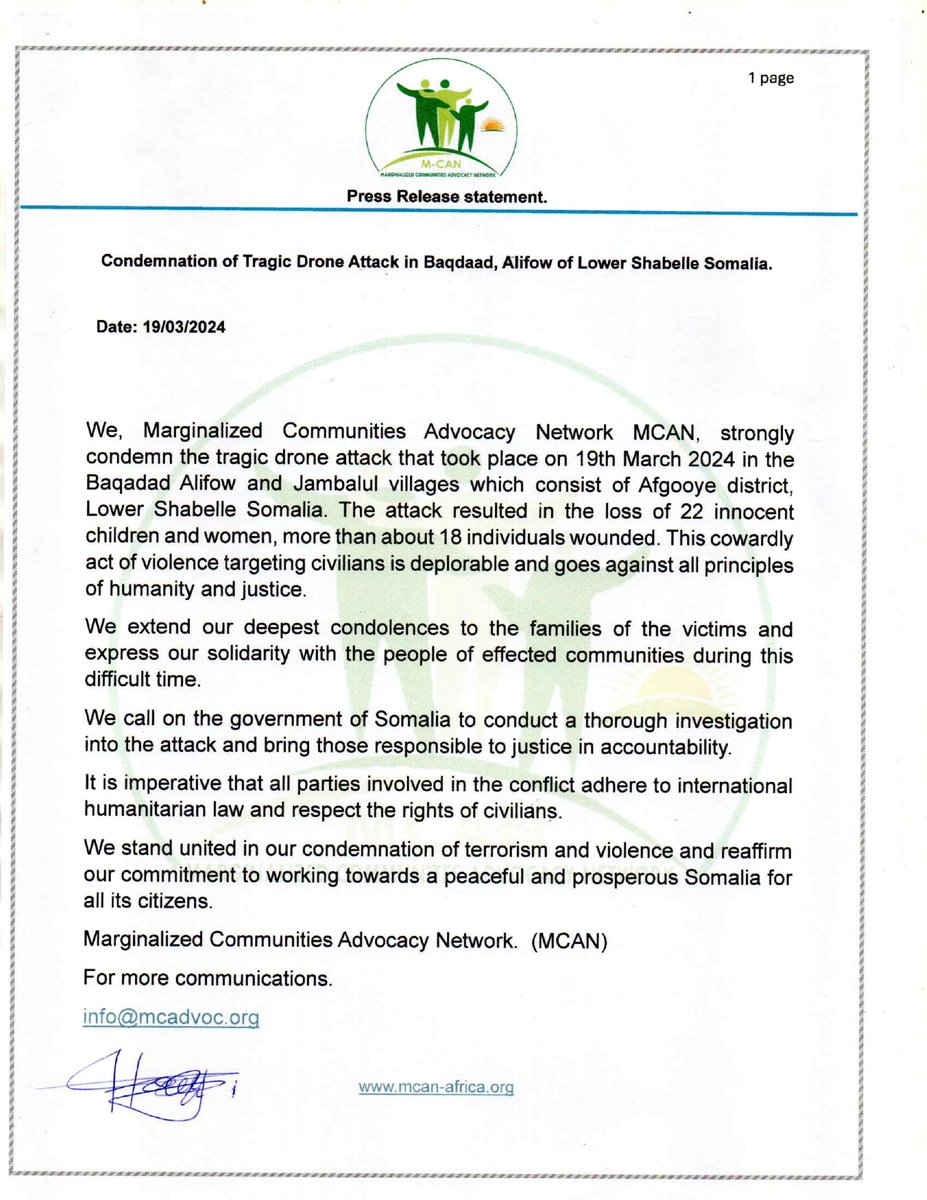 We, Marginalized Communities Advocacy Network MCAN, strongly condemn the tragic drone attack that took place on 19th March 2024 in the Baqadad Alifow village in Afgooye district, Lower Shabelle Somalia. The attack resulted the loss of 22 innocent women and children mainly.