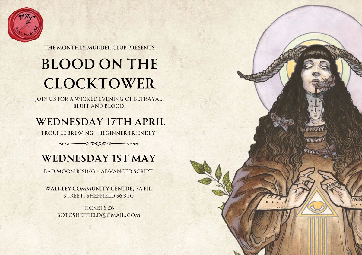 Monthly Murder Club (@monthlymurder) on Twitter photo Time to announce the next two games in Sheffield!
One Trouble Brewing night, one Bad Moon Rising night.
Tickets for both on sale very soon - so email BOTCSheffield@gmail.com if you would like to know more and get yourself on the list to be notified exactly when. Time to announce the next two games in Sheffield!
One Trouble Brewing night, one Bad Moon Rising night.
Tickets for both on sale very soon - so email BOTCSheffield@gmail.com if you would like to know more and get yourself on the list to be notified exactly when.