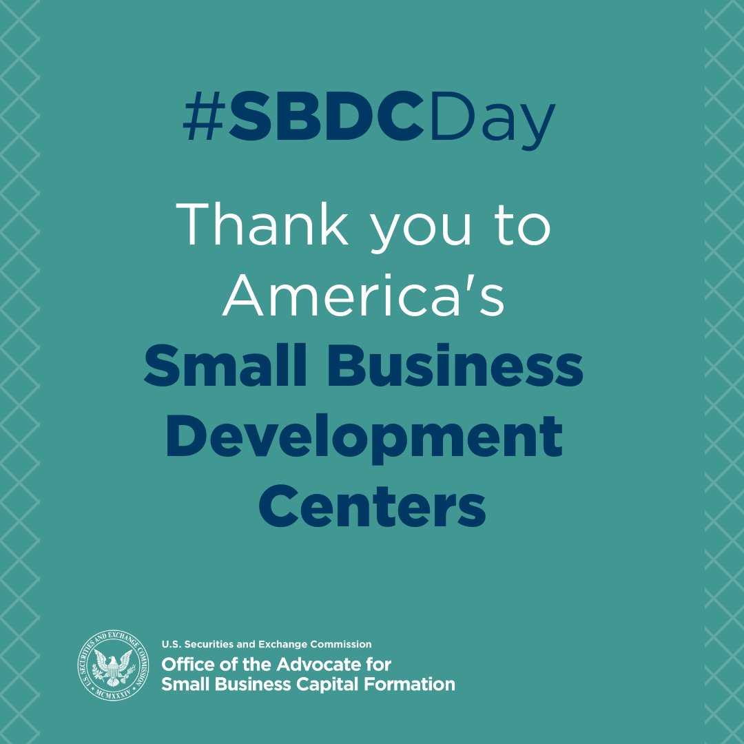 Happy #SBDCDay!

Our #SECSmallBiz team celebrates the work of the 1K+ SBDC’s across the country that help elevate local small businesses and their communities. 

sec.gov/education/capi…

#Entrepreneurship #CapitalRaising