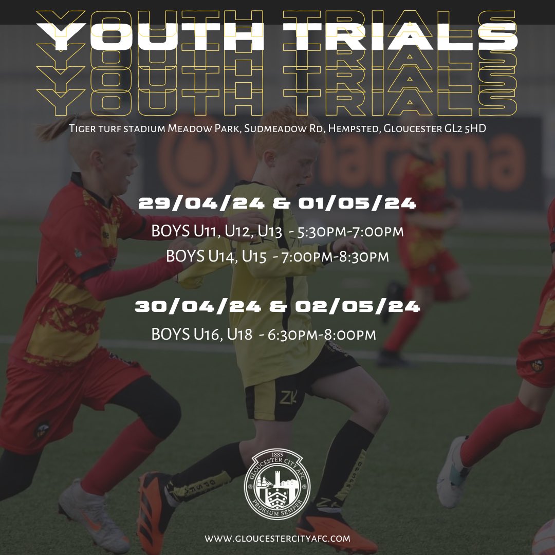2024/25 GCAFC Youth Trials | 🟥🟨 . Do you want to become a 🐯? Sign up for our trials for FREE below ⬇️🎟️ . 🔗 eventbrite.com/o/gloucester-c… . #gcafc #onecity #gotigers