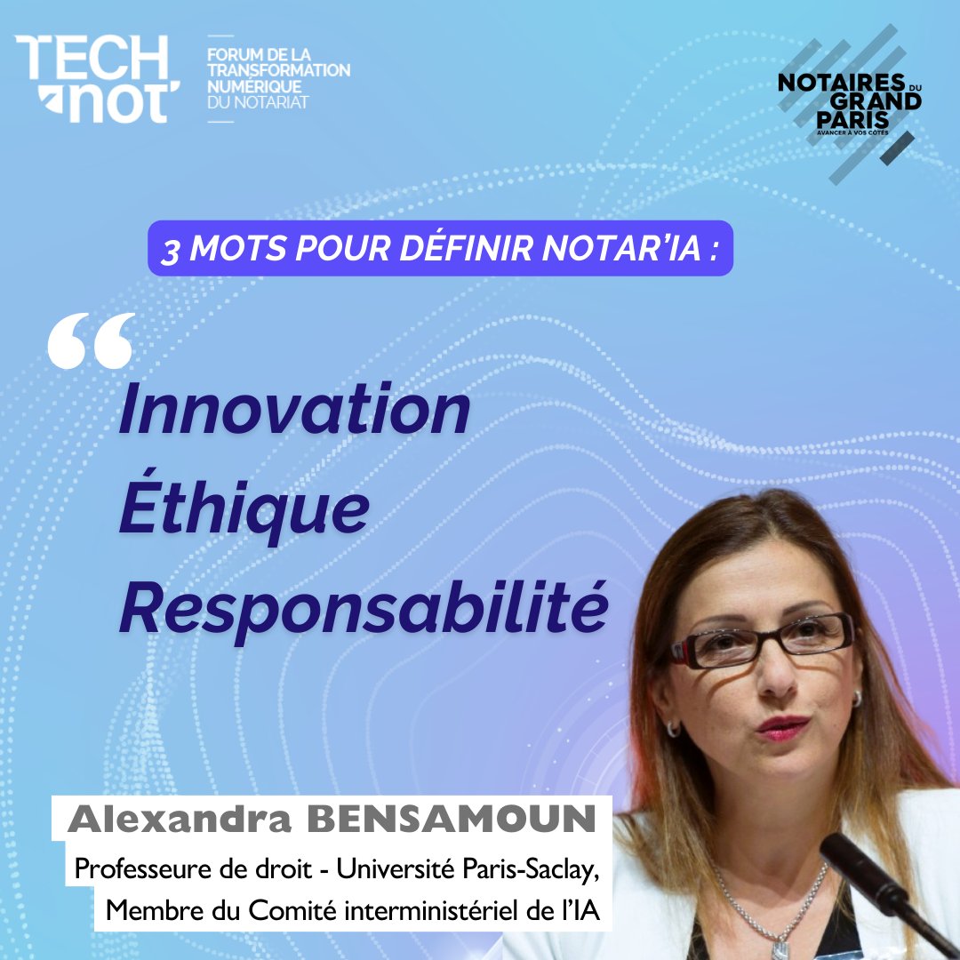 🟣 [NOTAR'IA EN 3 MOTS] @alexbensamoun, Professeure de droit - Université Paris-Saclay, Membre du Comité interministériel de l'IA, nous a donné ses 3 mots ! 📍RDV le jeudi 4 avril 2024 de 8h30 à 12h30 ! Programme sur : ▶ forumtechnot.com #TechNot #notaria #ia #notariat