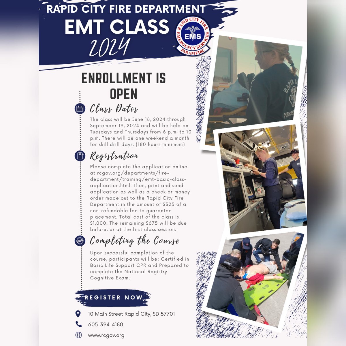 RapidCityFire's tweet image. Enrollment is open for the Rapid City Fire Department EMT Class 2024. See the flyer for more information. #rapidcityfiredepartment #emtclass
