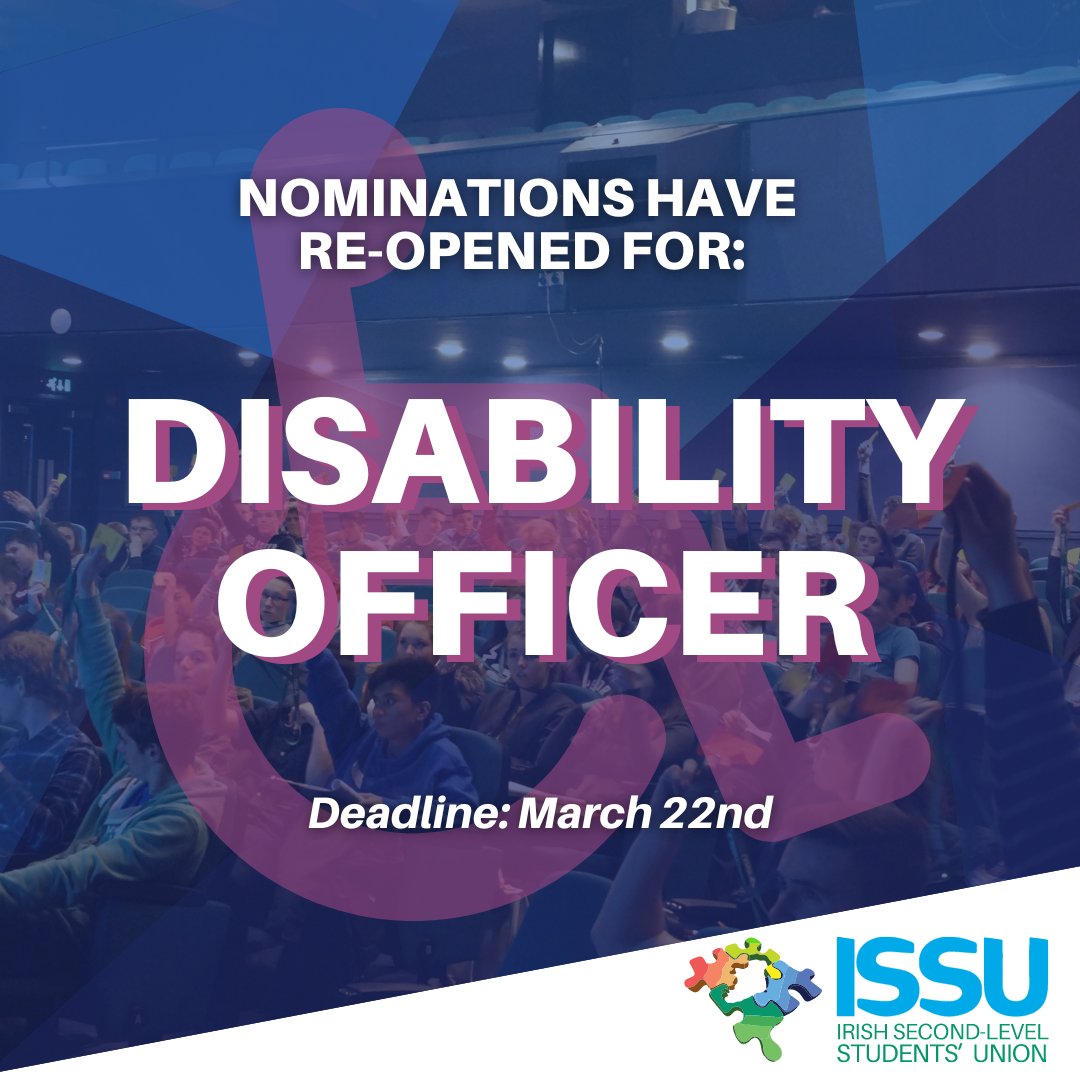 Disability Officer Nominations Deadline Extended: Deadline March 22nd If you're a student leader (or you know one!) who is interested in empowering students and creating a more inclusive education system- this is the role for you! Apply via: linktr.ee/issu