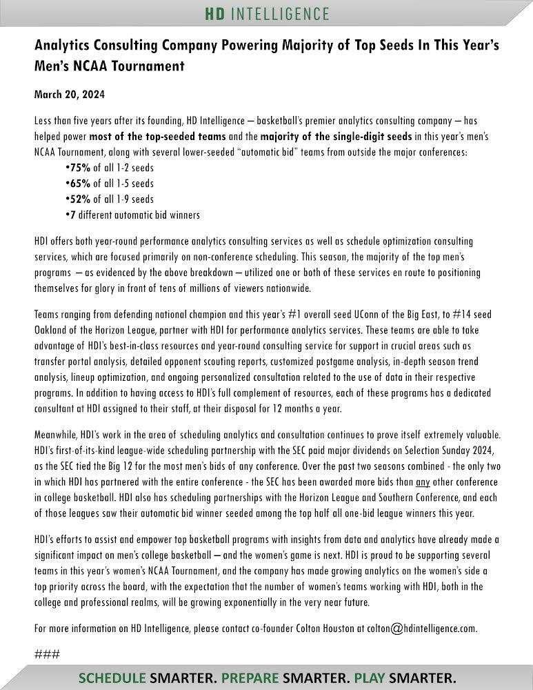 HD Intelligence (@hdintelligence) on Twitter photo In this year’s <a href="/MarchMadnessMBB/">NCAA March Madness</a> tournament, what do…
• 75% of all 1-2 seeds
• 65% of all 1-5 seeds
• 52% of all 1-9 seeds
• 7 automatic qualifiers
…have in common?
They work with <a href="/HDIntelligence/">HD Intelligence</a>.
Full release ⬇️ In this year’s <a href="/MarchMadnessMBB/">NCAA March Madness</a> tournament, what do…
• 75% of all 1-2 seeds
• 65% of all 1-5 seeds
• 52% of all 1-9 seeds
• 7 automatic qualifiers
…have in common?
They work with <a href="/HDIntelligence/">HD Intelligence</a>.
Full release ⬇️