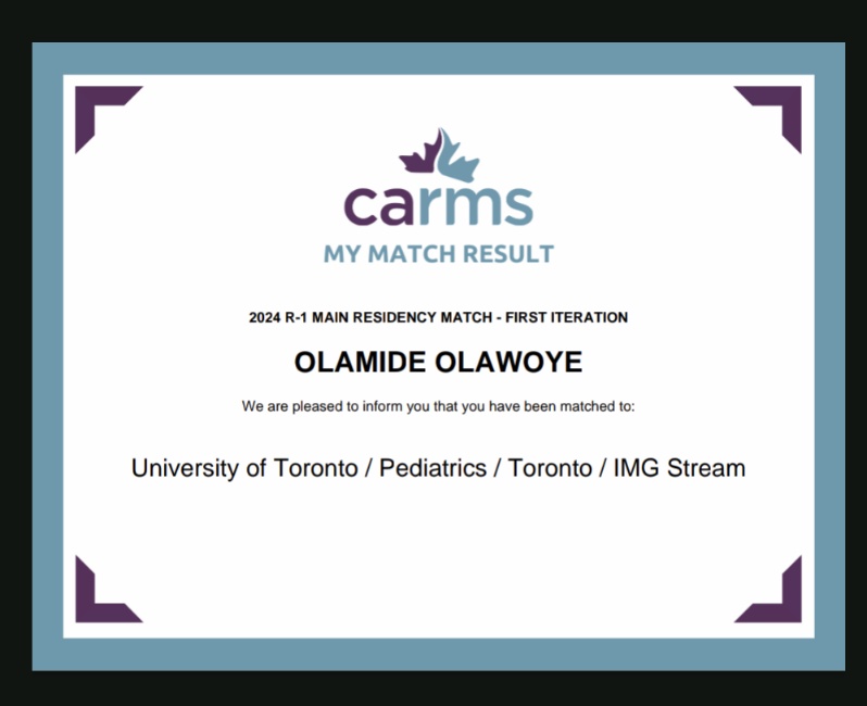 Congratulations 🎉 in order to my outstanding wife <a href="/AdetolaOlamide/">Olamide Olawoye</a> who matched into <a href="/UofTPaedsRes/">University of Toronto Paediatric Residency Program</a>! I'm so inspired by her hard work and dedication. Looking forward to the amazing journey ahead. #carms2024 #MatchDay2024