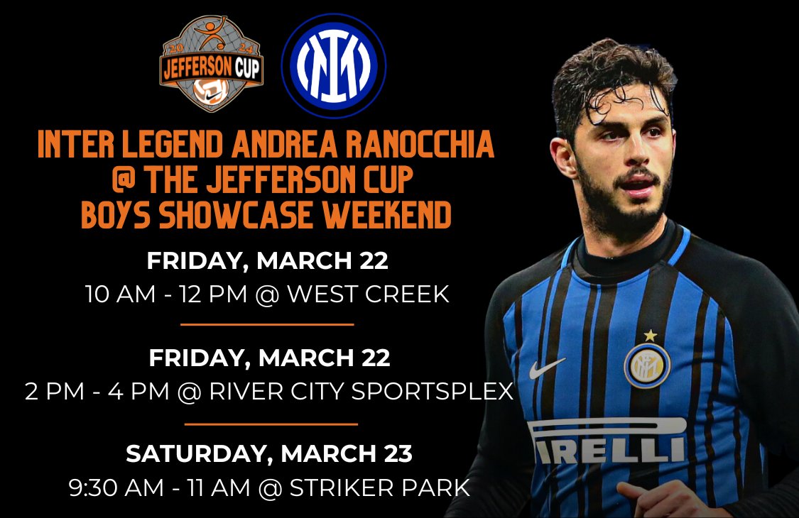 Make sure to mark your calendars! Andrea Ranocchia will be attending the Jefferson Cup this weekend for meet and greet opportunities and pictures with Inter's SuperCopa cup! Who's ready to meet this Inter legend? 🙌🖤💙