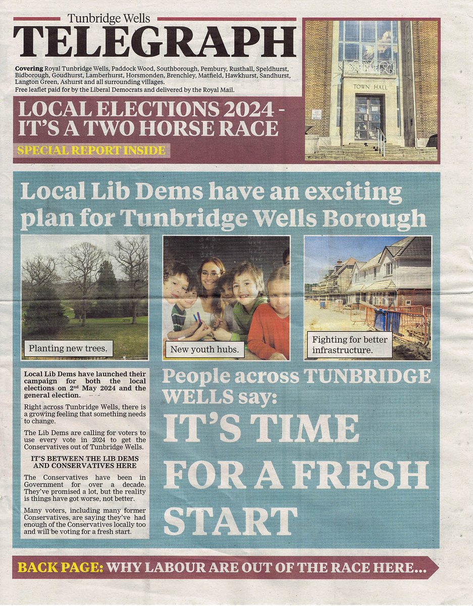 Own goal. Only #LibDems could name their pre-election fake paper the TELEGRAPH after the most right wing Tory daily paper in the country. That’ll win them votes – not! Way to go.  
#TunbridgeWells #LocalElections #LiberalDemocrats #FakeNewspaper #Elections #Politics #Campaigning