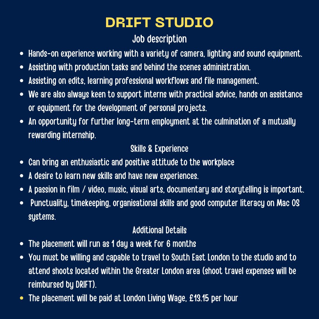 PAID WORK PLACEMENT OPPORTUNITY!  Want to work in film and documentaries but not sure how to start?
@driftstudio_ldn
are looking for a film production intern (paid at LLW) to assist with all aspects of their work. Could it be you? bit.ly/3IOr7Kl