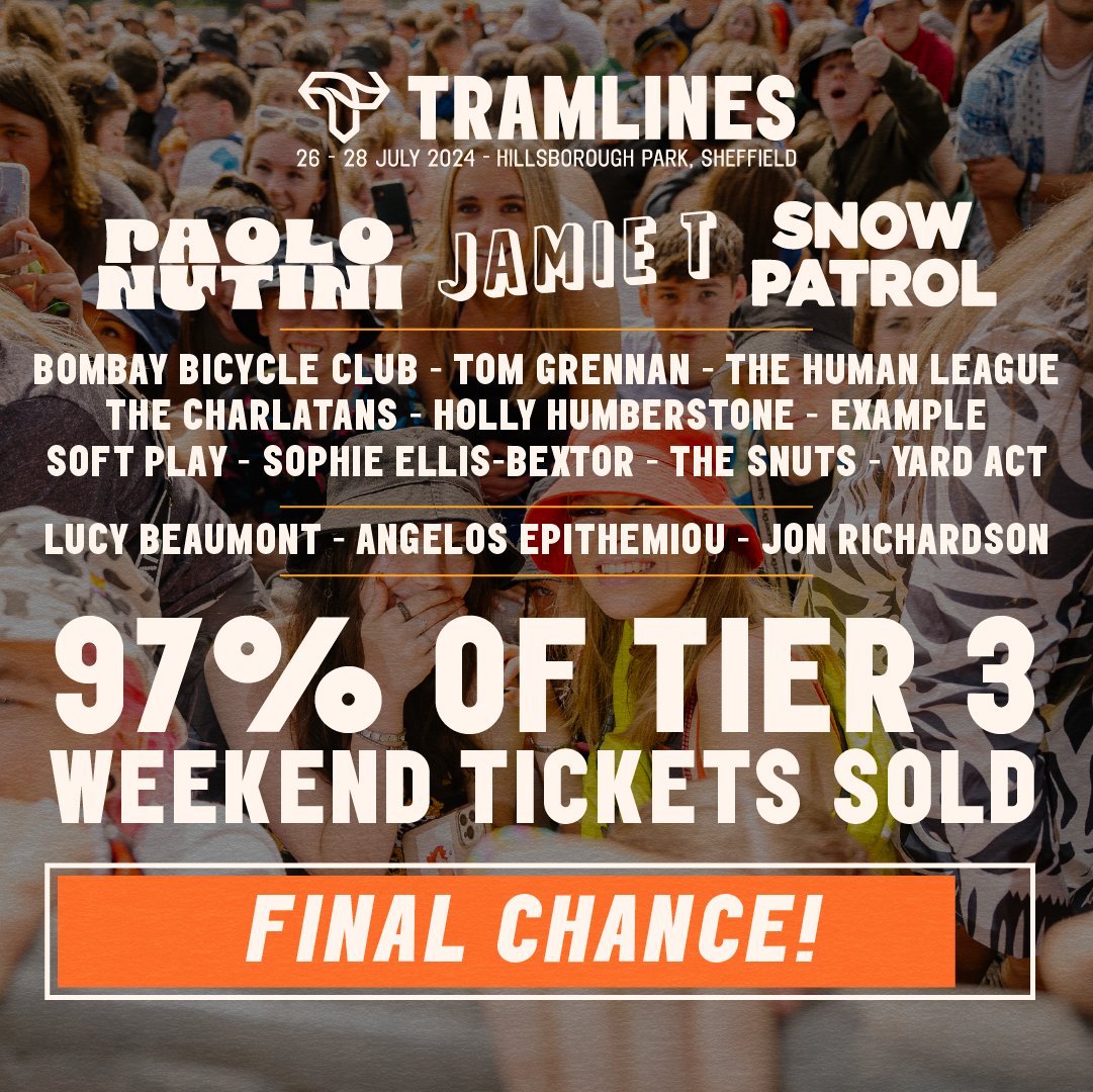 🚨 TICKET WARNING 🚨 Time to get those skates on.. we've sold over 95% of our £130 tickets, so you gotta act NOW to get your Tramlines 2024 weekend at the best possible value 🤘 March payment plans are also available from just £35pm+bf. Link in bio! / bit.ly/TL24Tickets