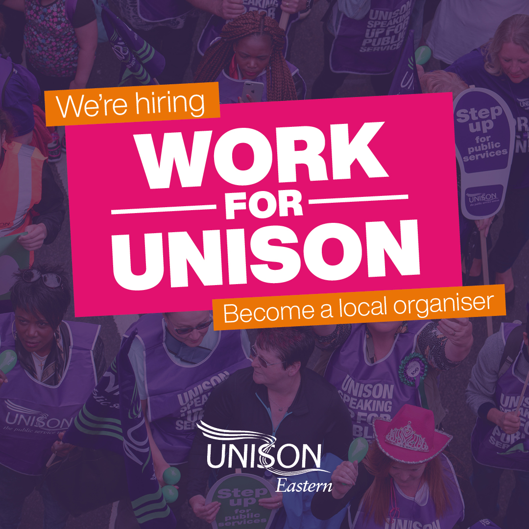 🚨🚨 BREAKING 🚨🚨 We’re on the lookout for a new local organiser to join the @unisontheunion Eastern team! Apply today on the UNISON website. #jobs #unions #joinUNISON #organising #OrganisingToWin #work