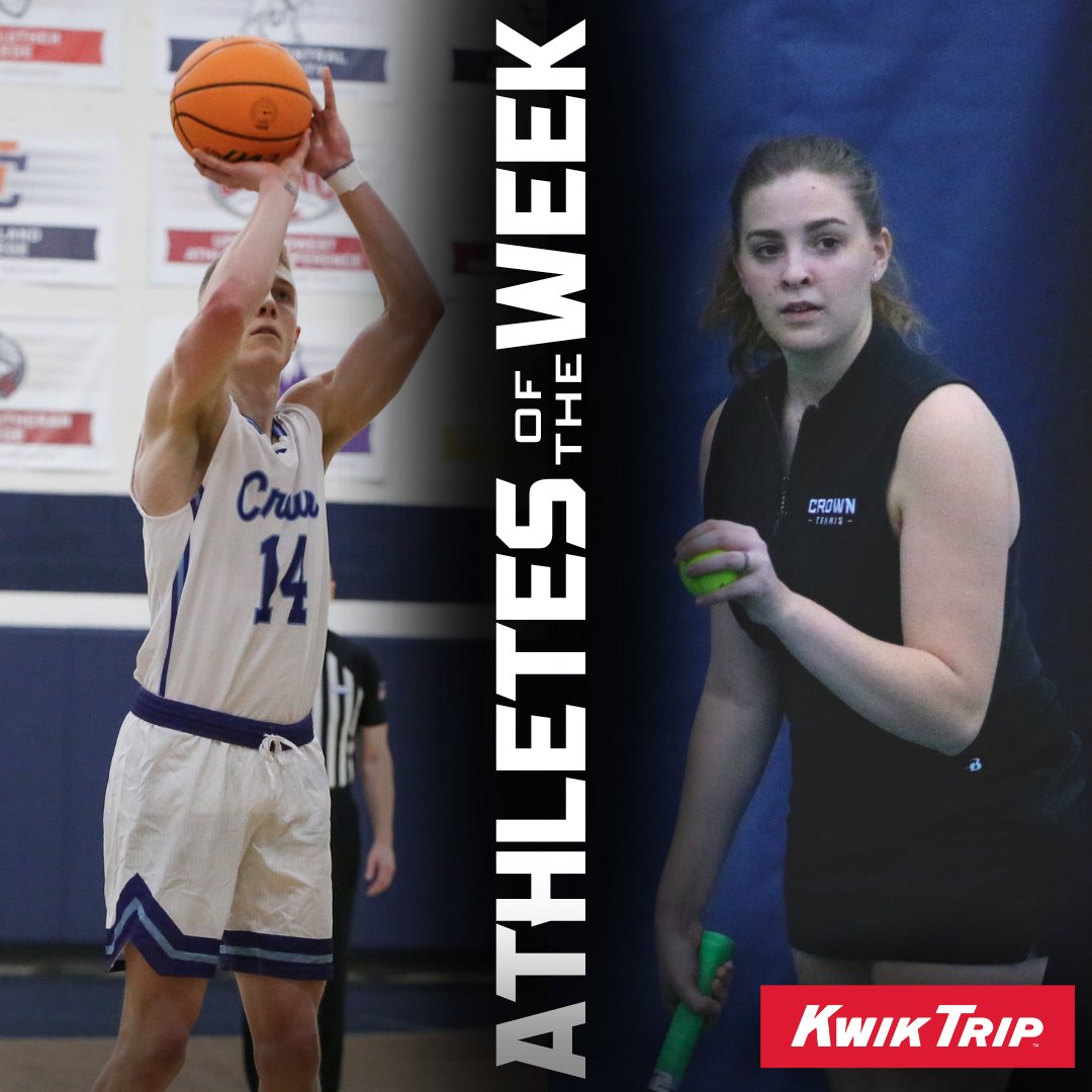 @kwiktrip Athletes of the Week! Cade Carroll averaged 30.6 points per game, 10.6 rebounds per game, and shot over 56% last week. @crowncollegembb Jaidence Medina earned her first singles and doubles wins of the season against Brooklyn College last week. #tennis #hoops