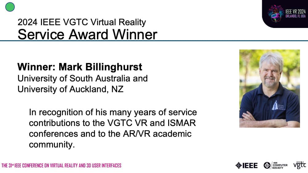 CagJournal's tweet photo. Proud to report that @marknb00 received the Service Award from IEEE #vgtc in recognition of his service to the AR/VR Communities https://t.co/qmrj07bFKM