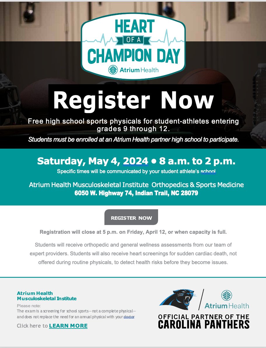 Bulldog Nation...make sure that you sign up for the FREE Heart of a Champion physical. This is a great offer from Atrium Health! If you have questions, please contact Director of Athletics, Patrick Helm. (patrick.helm@cabarrus.k12.nc.us)