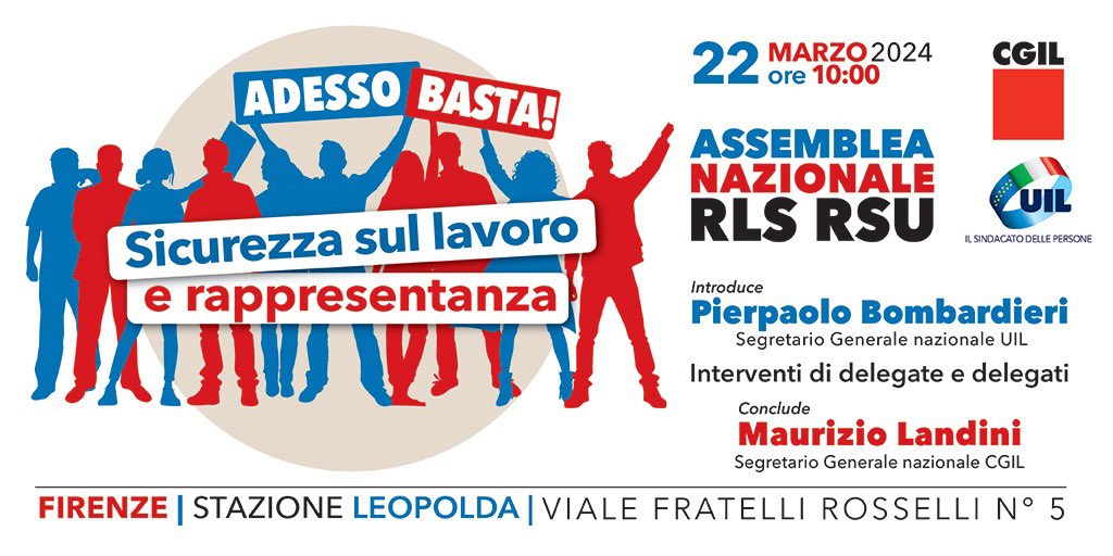 🗓 Venerdì 22 MARZO 2024
📍 Stazione Leopolda di Firenze
👷👷‍♀️ Assemblea Nazionale Delegate e Delegati RLS e RSU di <a href="/cgilnazionale/">CGIL Nazionale</a> e UIL
✊ “Adesso Basta! Sicurezza sul lavoro e rappresentanza”
Insieme a <a href="/CgilVeneto/">Cgil Veneto</a> 🟥