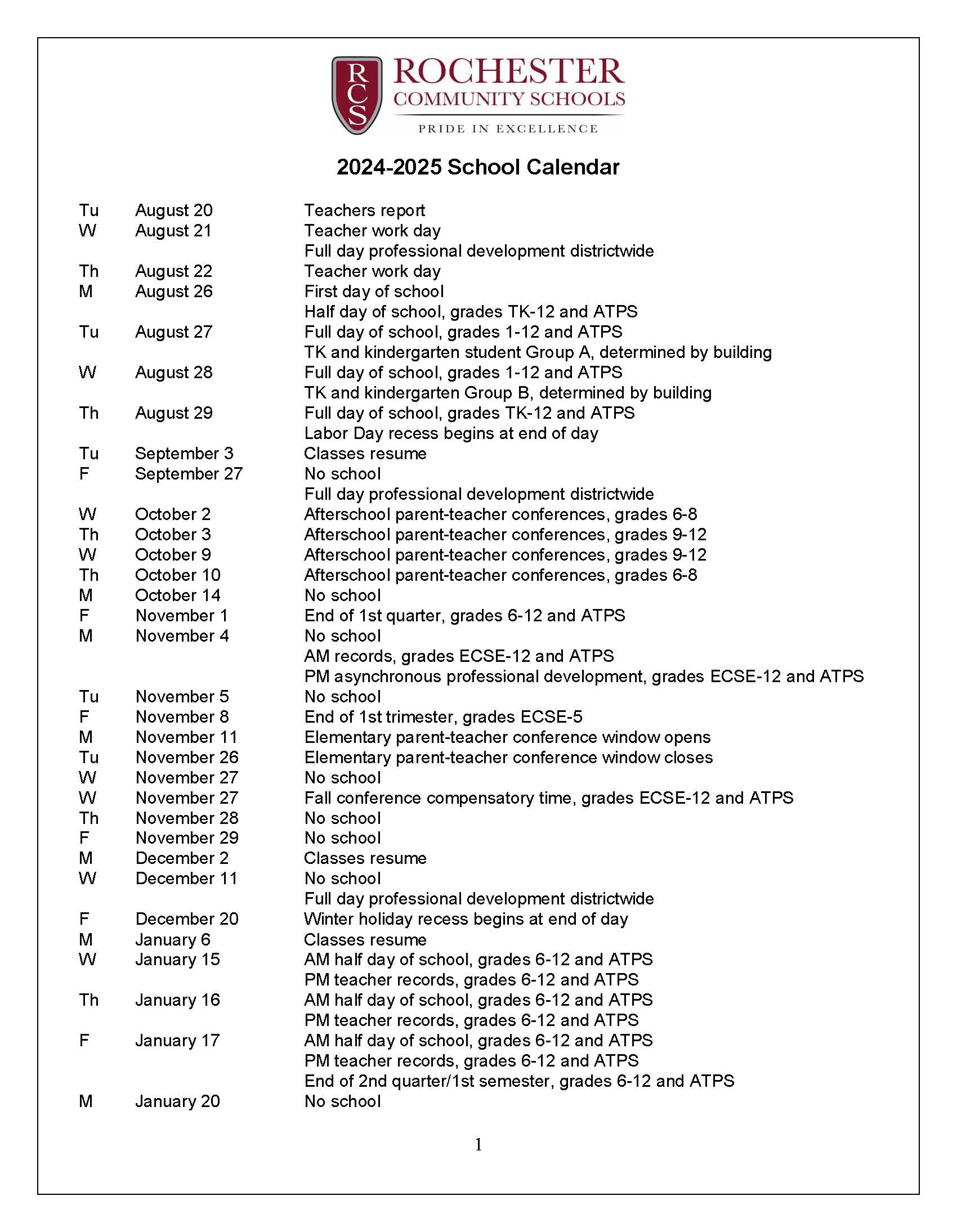 Rochester School District 2025 Calendar