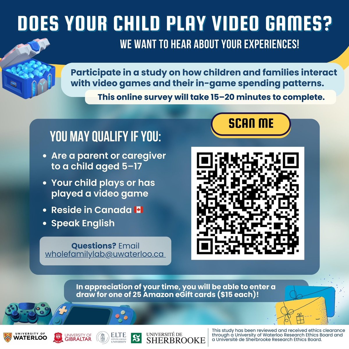 Please take part in this international study if your child plays video games. The team are interested in learning about the video gaming behaviours of children and caregivers, and their spending habits in video games. Thank you! @HBowdenJonesOBE uwaterloo.ca1.qualtrics.com/jfe/form/SV_da…