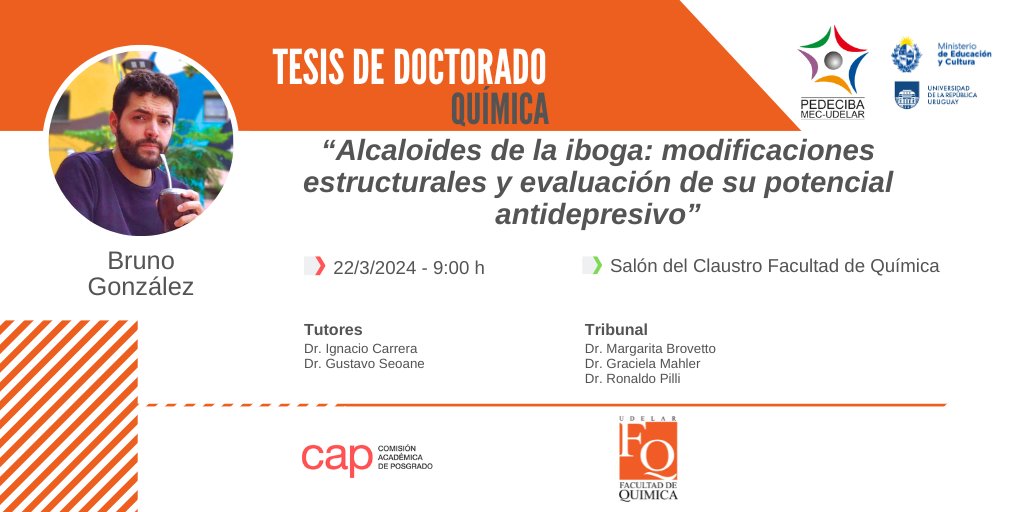 "Alcaloides de la iboga: modificaciones estructurales y evaluación de su potencial antidepresivo"

Defensa de #Doctorado del #EstudiantePEDECIBA Bruno González

22/03 - 9h

#SomosPEDECIBA
#ConstruyendoCiencia

+info
pedeciba.edu.uy/es/defensa/alc…