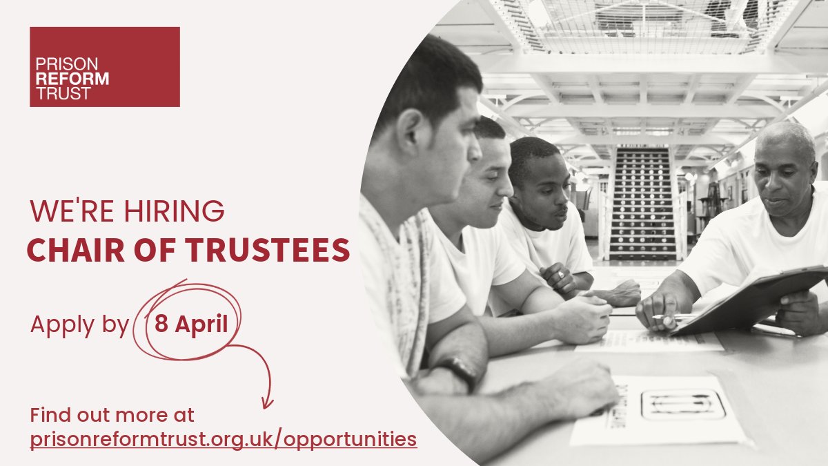 TRUSTEE OPPORTUNITY: We're looking for a new Chair of Trustees to join us in 2025. Find out more at prisonreformtrust.org.uk/opportunities/ #trustee #charity #board #nonprofit #volunteer #volunteering #prison #criminaljustice #ngo #GivingBack #giving #causes #change #HumanRights