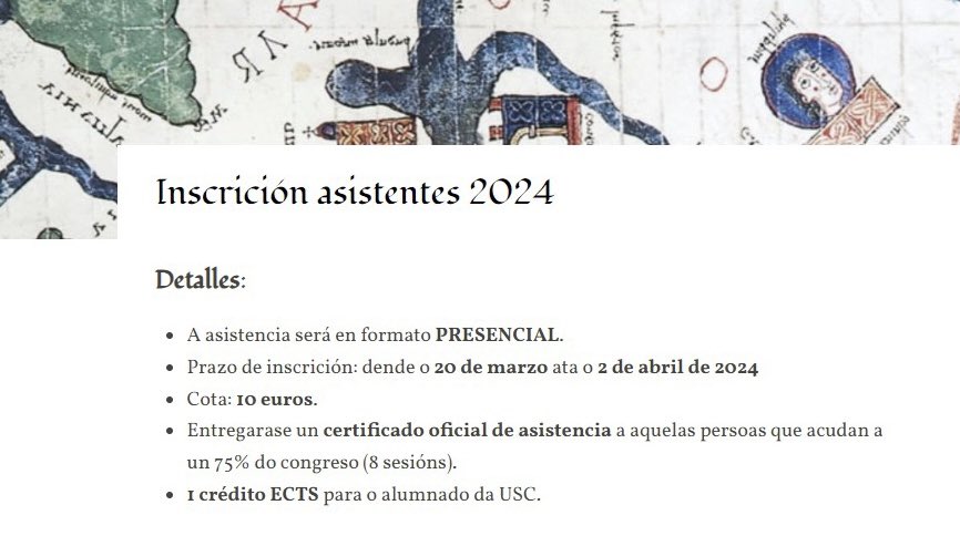 Camiñantes! Abrimos o prazo de inscrición para acudir como asistentes á VII edición do congreso “Chronicon Mundi” 🌍✍🏼

📍3, 4 e 5 de abril. Paraninfo da Facultade de Xeografía e Historia, USC

🔗Formulario a completar: forms.gle/19iPxQqPKh431X…