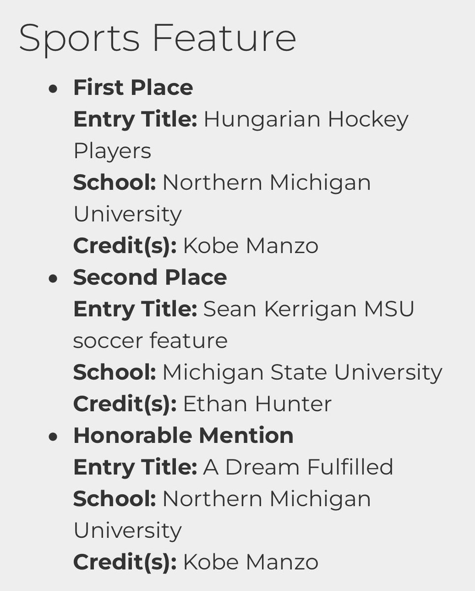 Kobe Manzo (@kobe_manzo) on Twitter photo Honored to take home a 1st Place award from this year’s Michigan Association of Broadcasters student awards 🤝
Excited to continue to cover the stories of our athletes here <a href="/NorthernMichU/">Northern Michigan University</a> and create meaningful work! Honored to take home a 1st Place award from this year’s Michigan Association of Broadcasters student awards 🤝
Excited to continue to cover the stories of our athletes here <a href="/NorthernMichU/">Northern Michigan University</a> and create meaningful work!