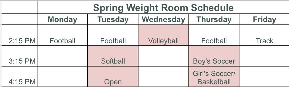Spring weight room schedule!!!!!