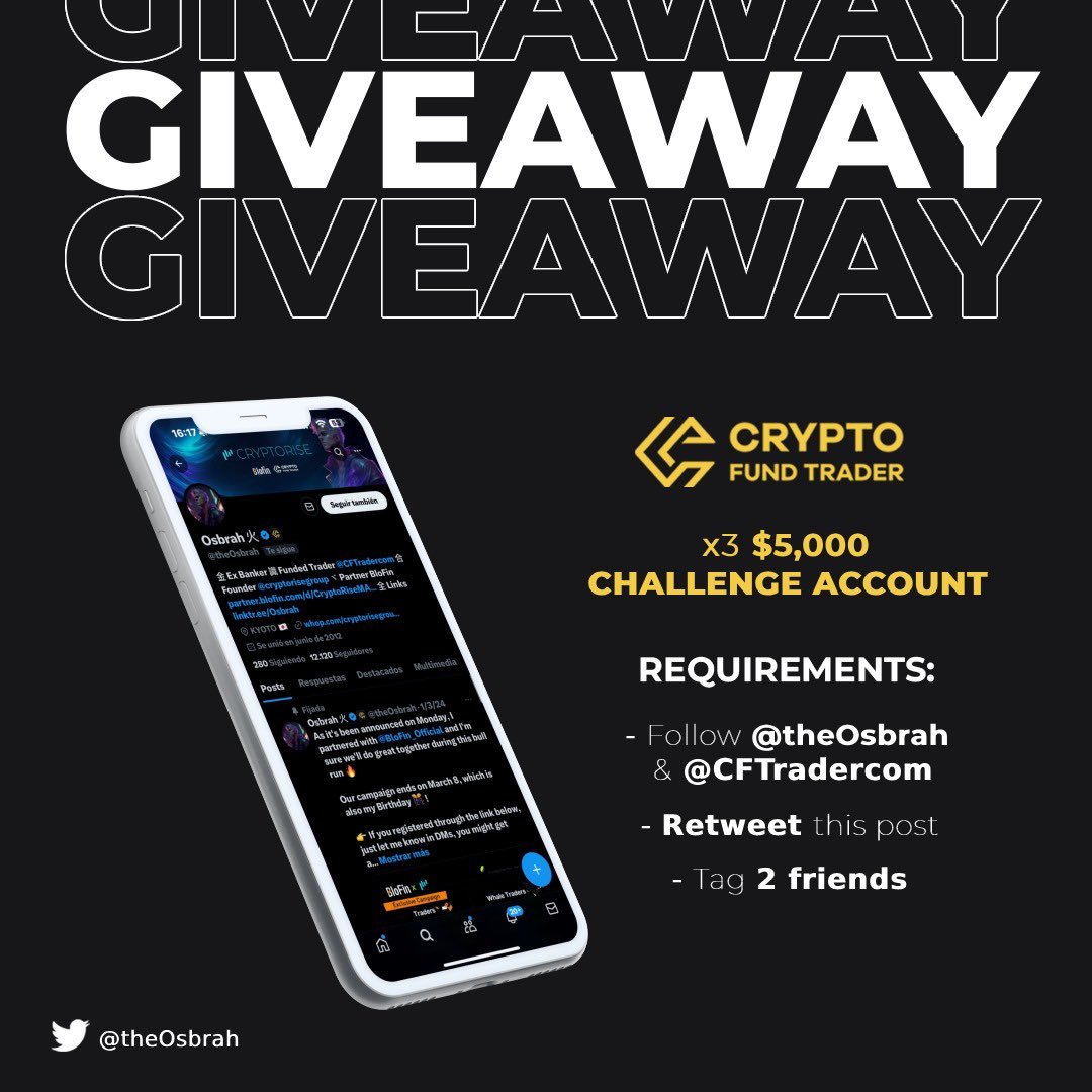 Ending this wonderful day with $15,000 give away ! Thanks <a href="/CFTradercom/">Crypto Fund Trader</a> for the opportunity !

Requirements:
👉 Follow me &amp; <a href="/CFTradercom/">Crypto Fund Trader</a> 
👉 Tag 2 friends
👉 Repost

Will draw on Friday ! Good luck 🔥