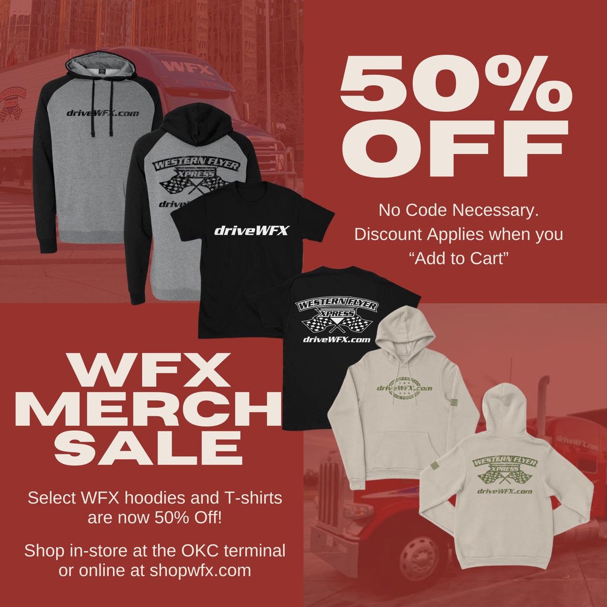 Grab it before it's gone! 🌟🛍️ Enjoy 50% off select WFX hoodies and t-shirts. We're clearing up for something new and exciting. Stay tuned! #driveWFX Shop in-store at our OKC terminal or online at shopwfx.com/collections/50…