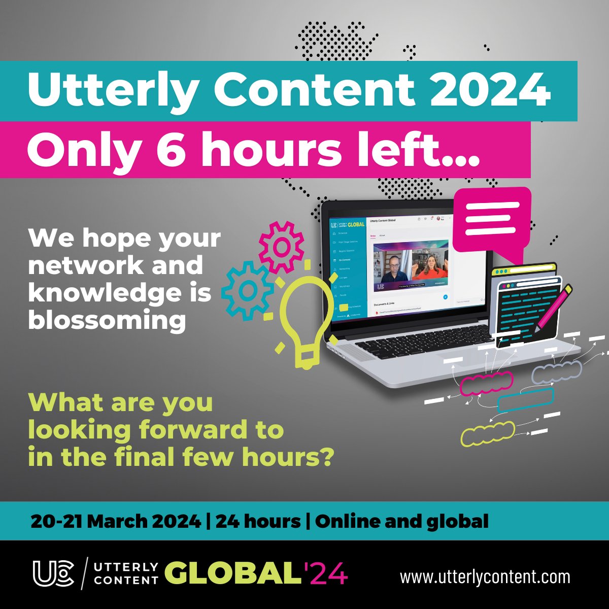 utterlycontent's tweet image. The sad news: there's only 6 hours left.
The good news: there's 6 brilliant hours left!
There's plenty of learning blocks and panels coming up. What are you most looking forward to?
#UtterlyContent24