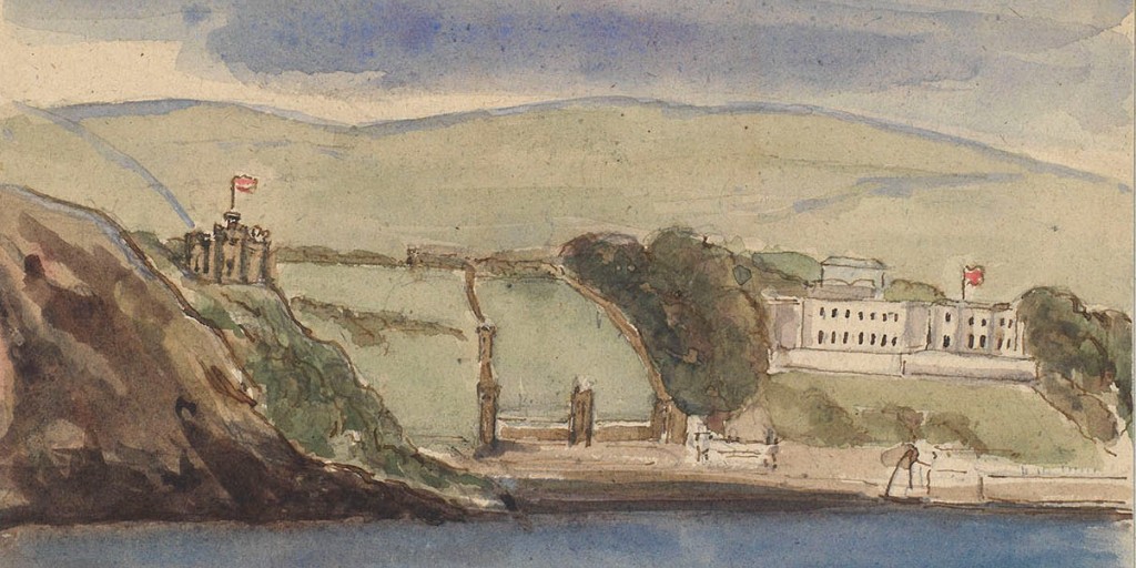 On 16 August 1847 Queen Victoria created this watercolour of the town of Douglas, on the Isle of Man. Her Journal entry for the day describes the view: 'very prettily situated with a picturesque Castle near the Lighthouse, standing on the point.' bit.ly/3Pt4AGN