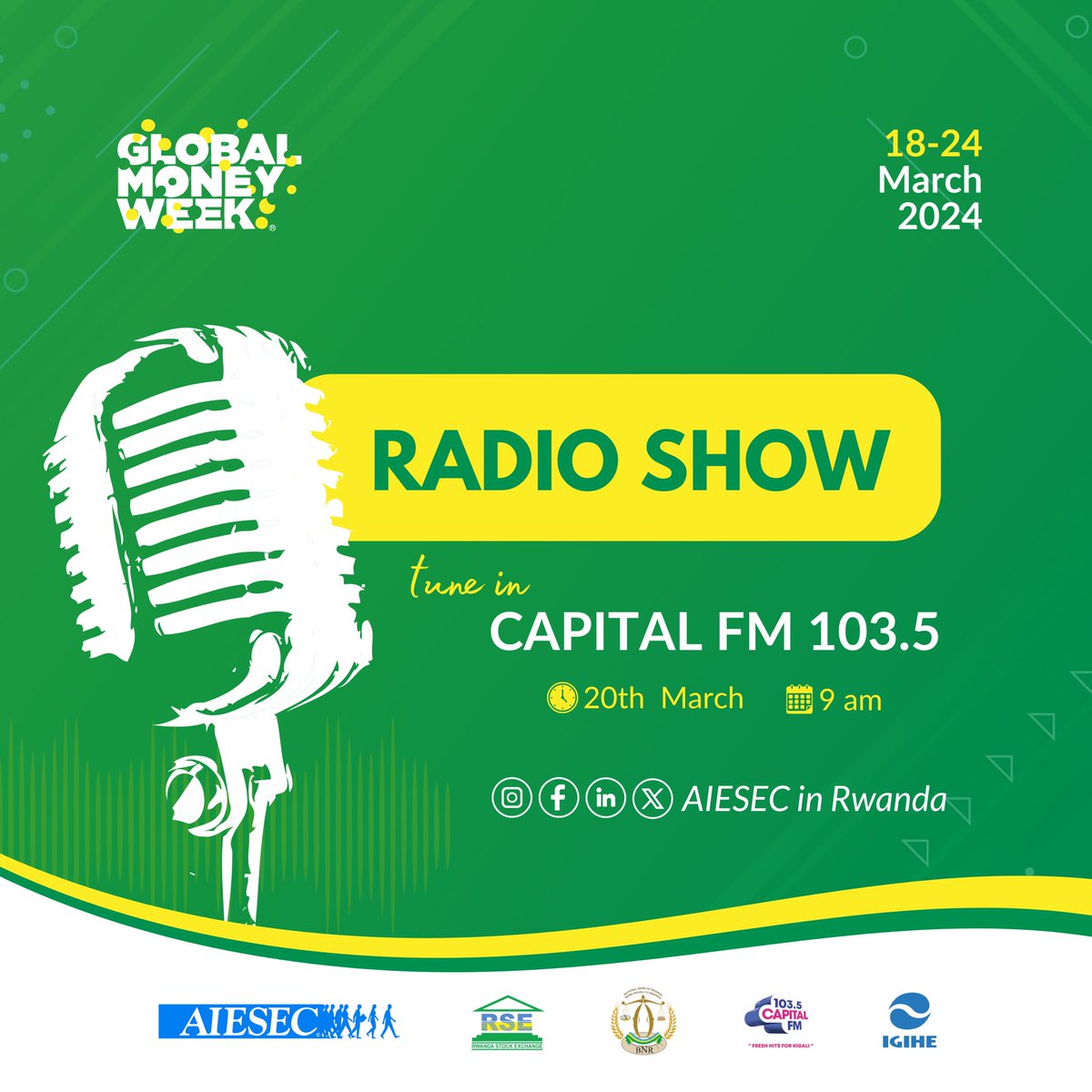 Tune in tomorrow at 10AM to Capital FM 103.5 for an insightful radio show! Joining us are esteemed guests from The National Bank of Rwanda, Rwanda Stock Exchange, Ministry of Finance, and AIESEC in Rwanda