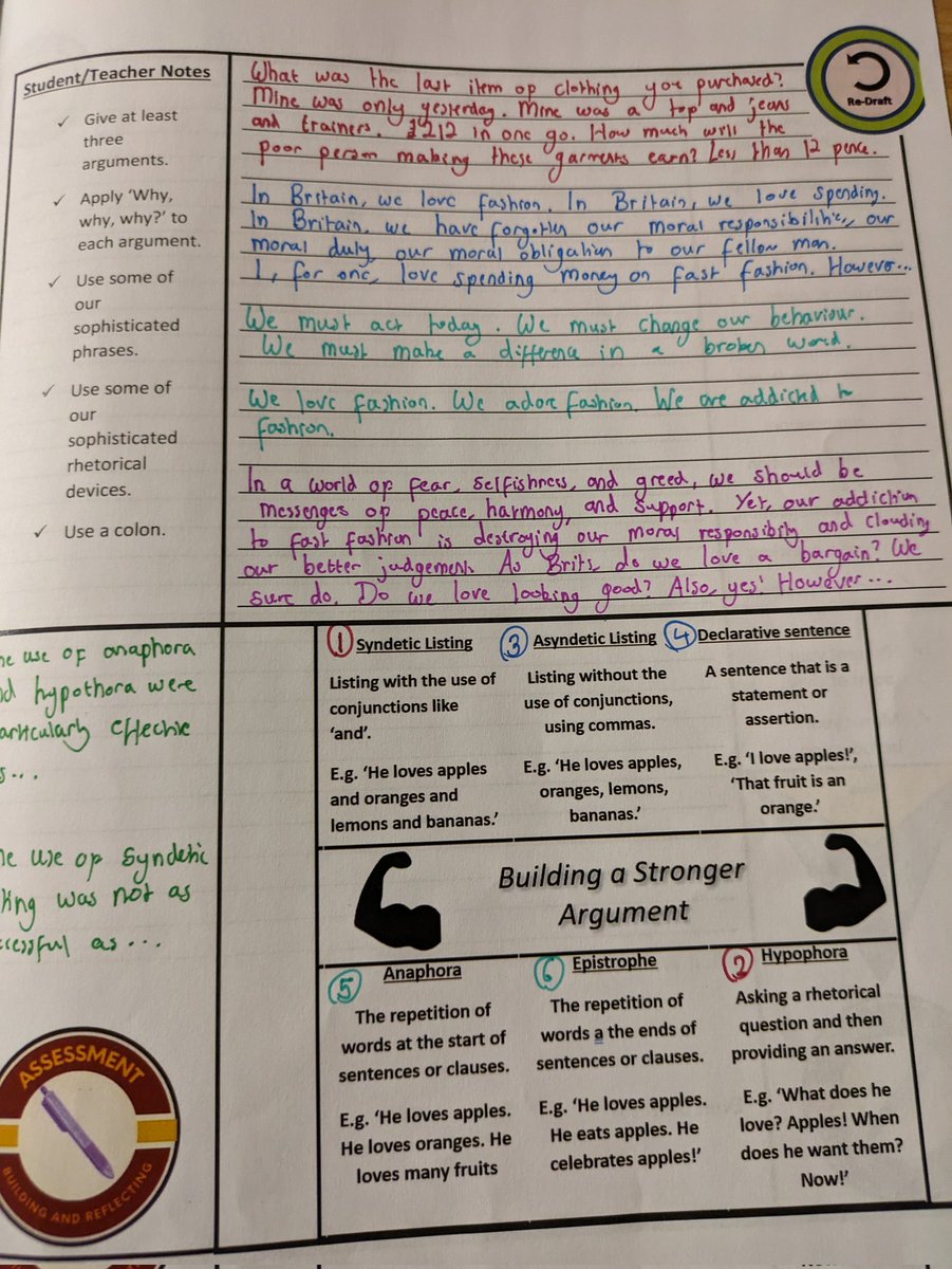 Great progress today with our LP2, Q5 responses on fast fashion 🧥 ✅ Successful evaluation of a WAGOLL, crafting a killer introduction, and developing our argument through a range of techniques. All key targets from our mock exams 🎯