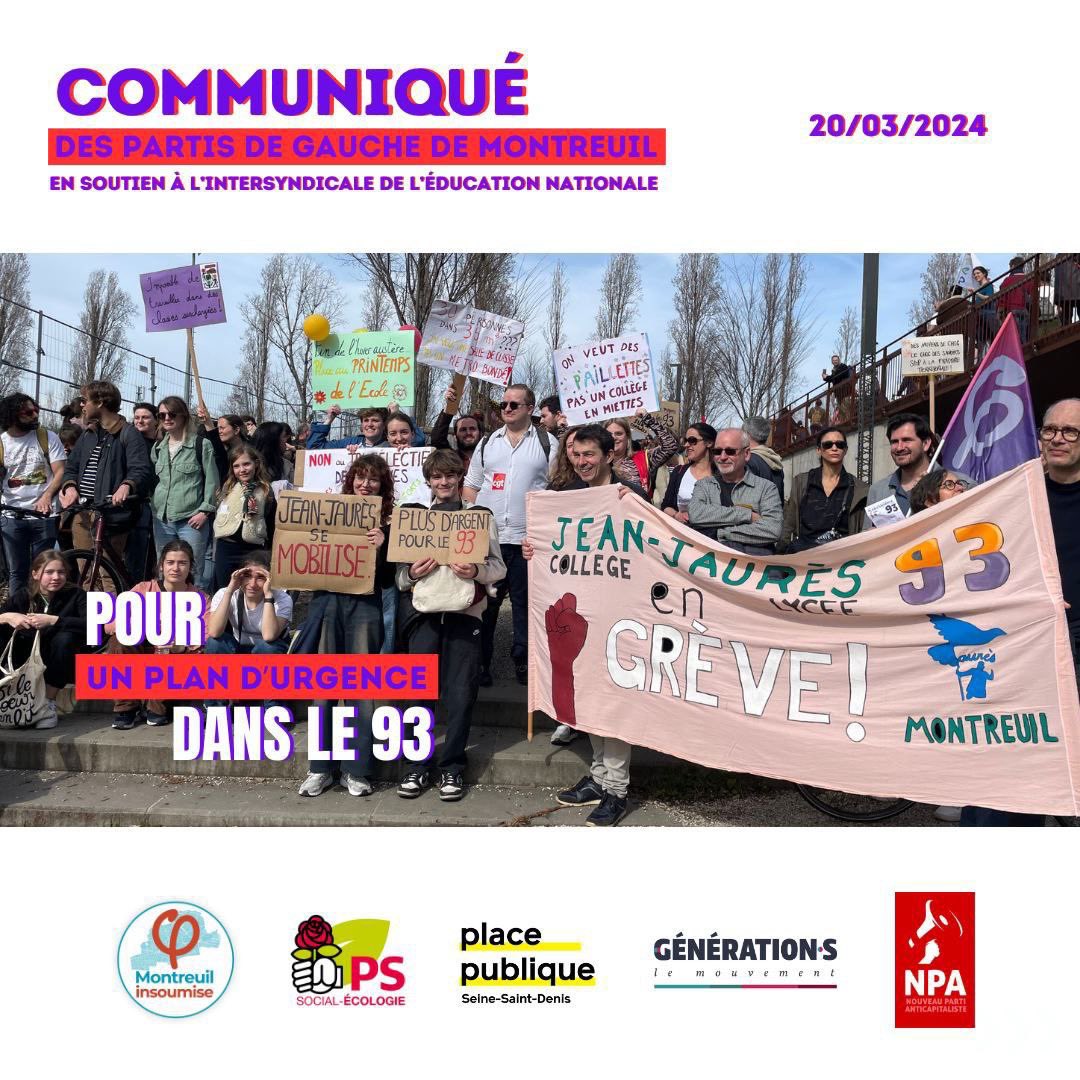 Le PS Montreuil soutient pleinement la mobilisation de la communauté éducative en faveur d’un plan d’urgence pour les écoles du 93 ! Retrouvez ci-dessous notre communiqué commun avec les autres forces de gauche de la Ville 👇 #Montreuil #éducation #planDurgence93