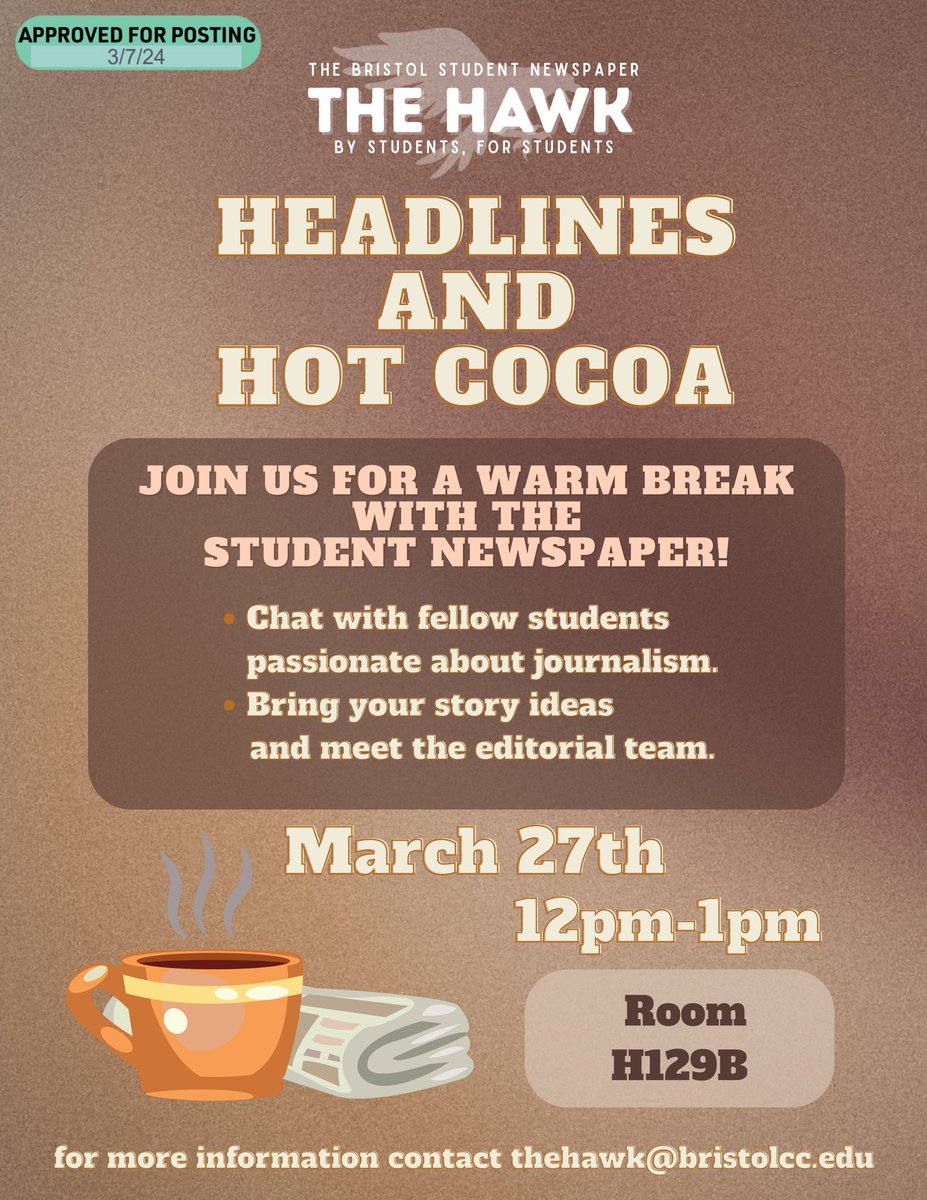 Join us for some hot chocolate and chat with us or just stop by and grab a cup! 

Next Wednesday at the Hawk office in H building! ☕️💬