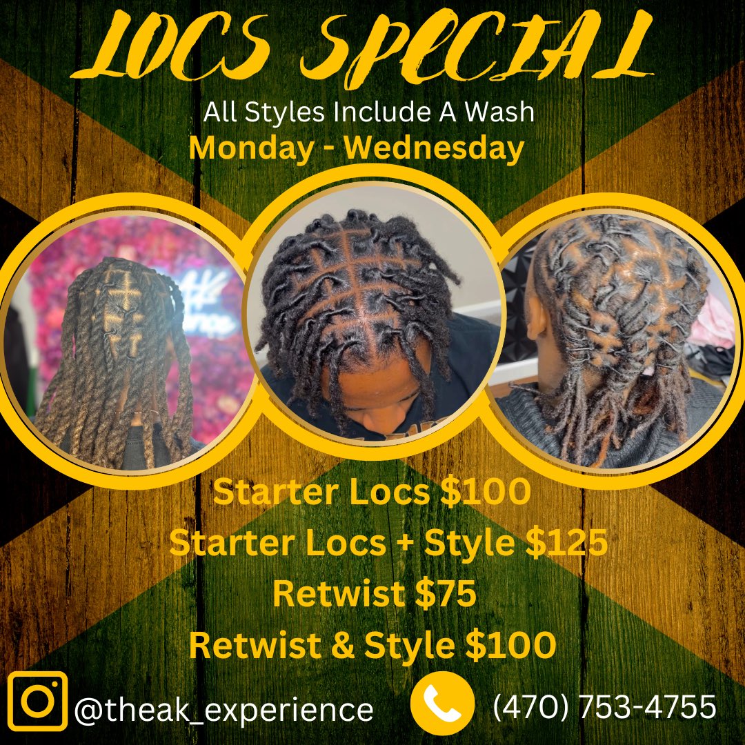 Loc Special 🔥🔥
Monday-Wednesday 
•
*Wash Included*
•
*Text (470) 753 - 4755
•
#atlhairstylist #atlantahairstylist #atllocs #atllocstylist #stockbridgehairstylist #stockbridgeloctician #morrowhairstylist #morrowlocs #jonesborohairstylist #jonesborolocs #griffinhairstylist