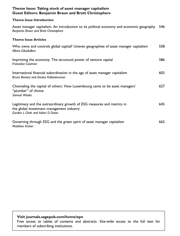 Economy and Space Vol. 56, No. 2 is now available online! It features a theme issue entitled 'Taking stock of asset manager capitalism,' guest edited by @BJMbraun and Brett Christophers. Link and ToC below: journals.sagepub.com/toc/epna/56/2