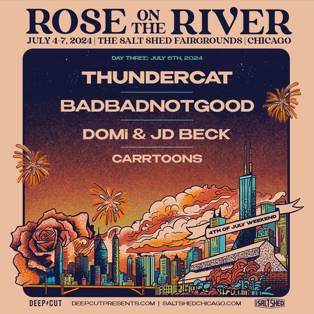 😻🌹 On Sat 7/6, day 3 of @roseriverchi at @saltshedchicago, Thundercat tops a bill laser curated with a type of R&B and hip hop inspired progressive jazz that only dreams are made of. BADBADNOTGOOD, DOMi & JD BECK, and Carrtoons (with a full band) too?! 😮‍💨