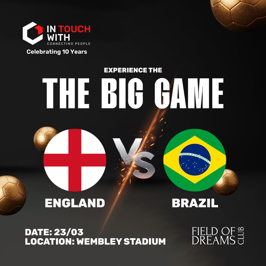 itwfamily's tweet image. Experience the thrill of England vs Brazil at Wembley Stadium on Saturday, March 23, 2024! Enjoy exclusive hospitality as you witness this epic clash of football giants. Don&apos;t miss the action and the opportunity to network on the next level!

#ITW #InTouchWith #Football #Wembley