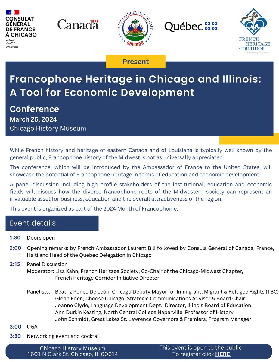 A not to be missed event! March 25th at <a href="/ChicagoMuseum/">ChicagoHistoryMuseum</a>: Conference on "Francophone Heritage in Chicago and Illinois: a Tool for Economic Development" with opening remarks by <a href="/FrenchAmbUS/">Laurent Bili</a> Laurent Bili.
Open to the public. 
Info/RSVP ➡️ shorturl.at/ahGJ9